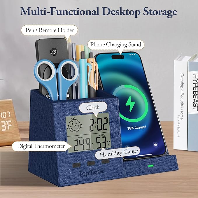 TopMade Wireless Charger with Pen Holder, PU Leather Desk Nightstand Organizer - Image 3