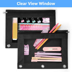 Sooez Pencil Pouch for 3 Ring Binder, 2 Pack Binder Pencil Pouch | Pencil Bags with Clear Window, Zipper & Reinforced Grommets, Pencil Case for Binder Black & Black