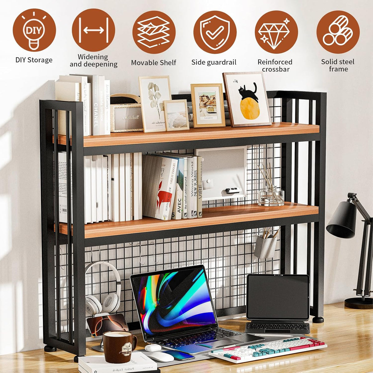 Desktop Hutch Bookshelf Metal Desk Shelf, 2-Tier Storage Display Shelf for Co...