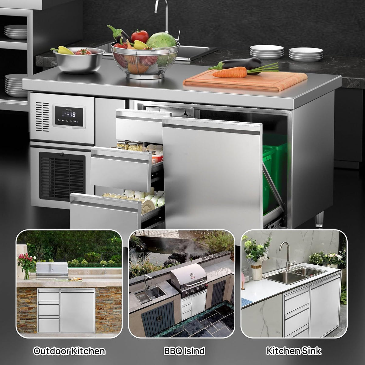 POPMOON Outdoor Kitchen Drawer Combo 28x22x19.5in with 2 Trash Bin Cabinet