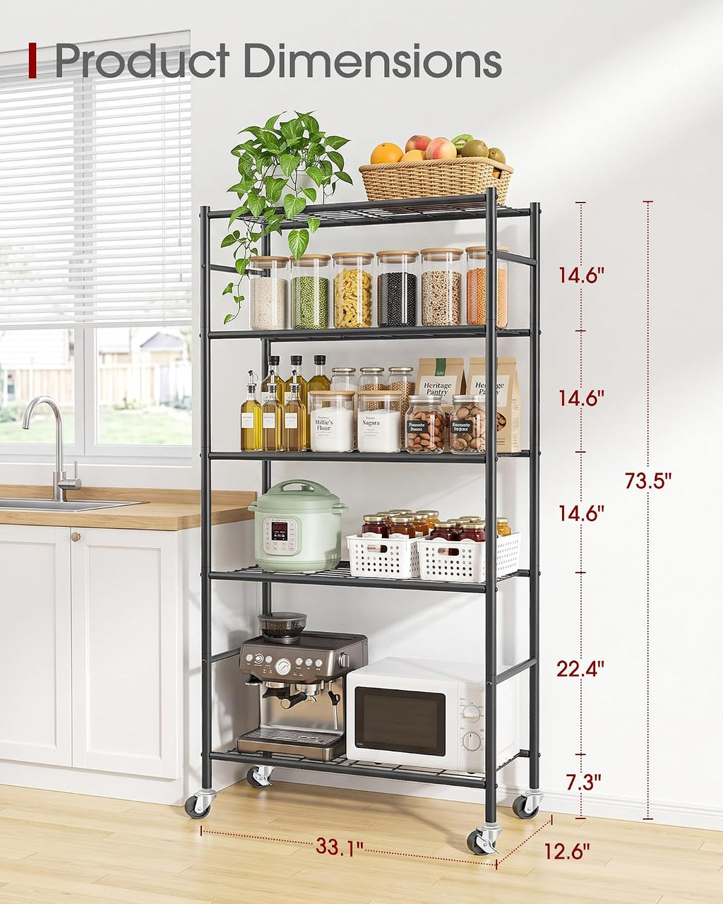 sakugi 5-tier storage shelves 33.1" x12.6" x73.5" black, close-up detail