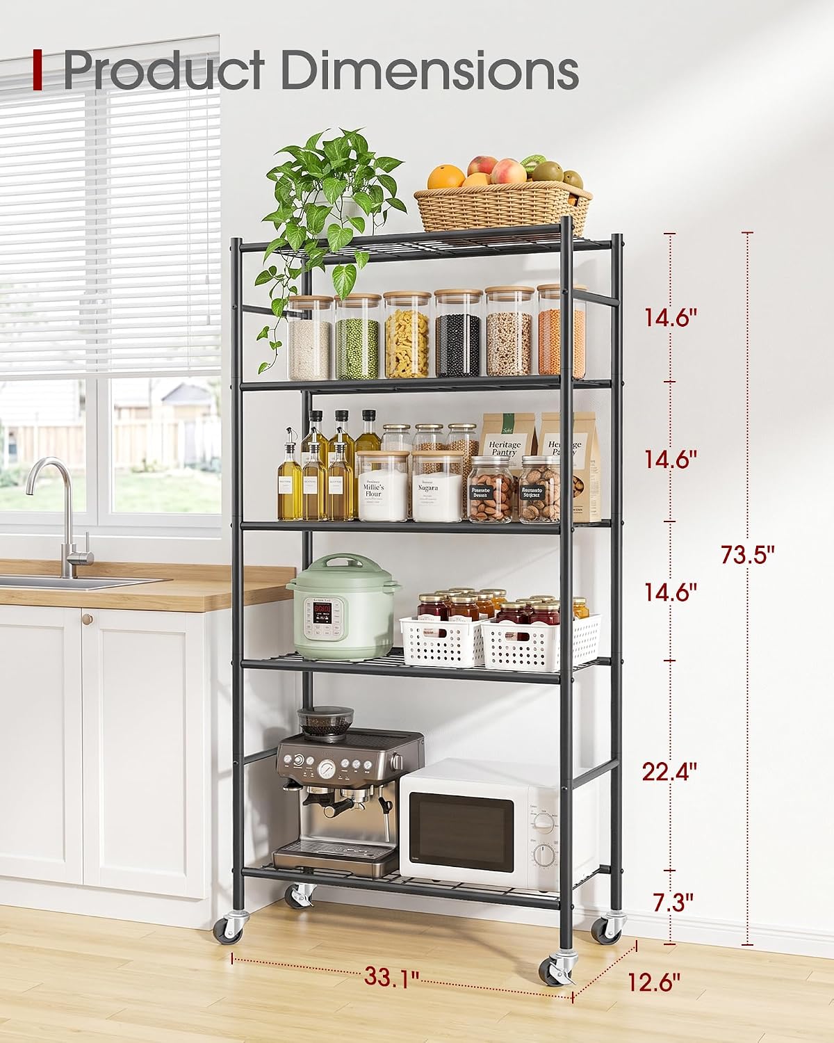 sakugi 5-tier storage shelves 33.1" x12.6" x73.5" black, close-up detail