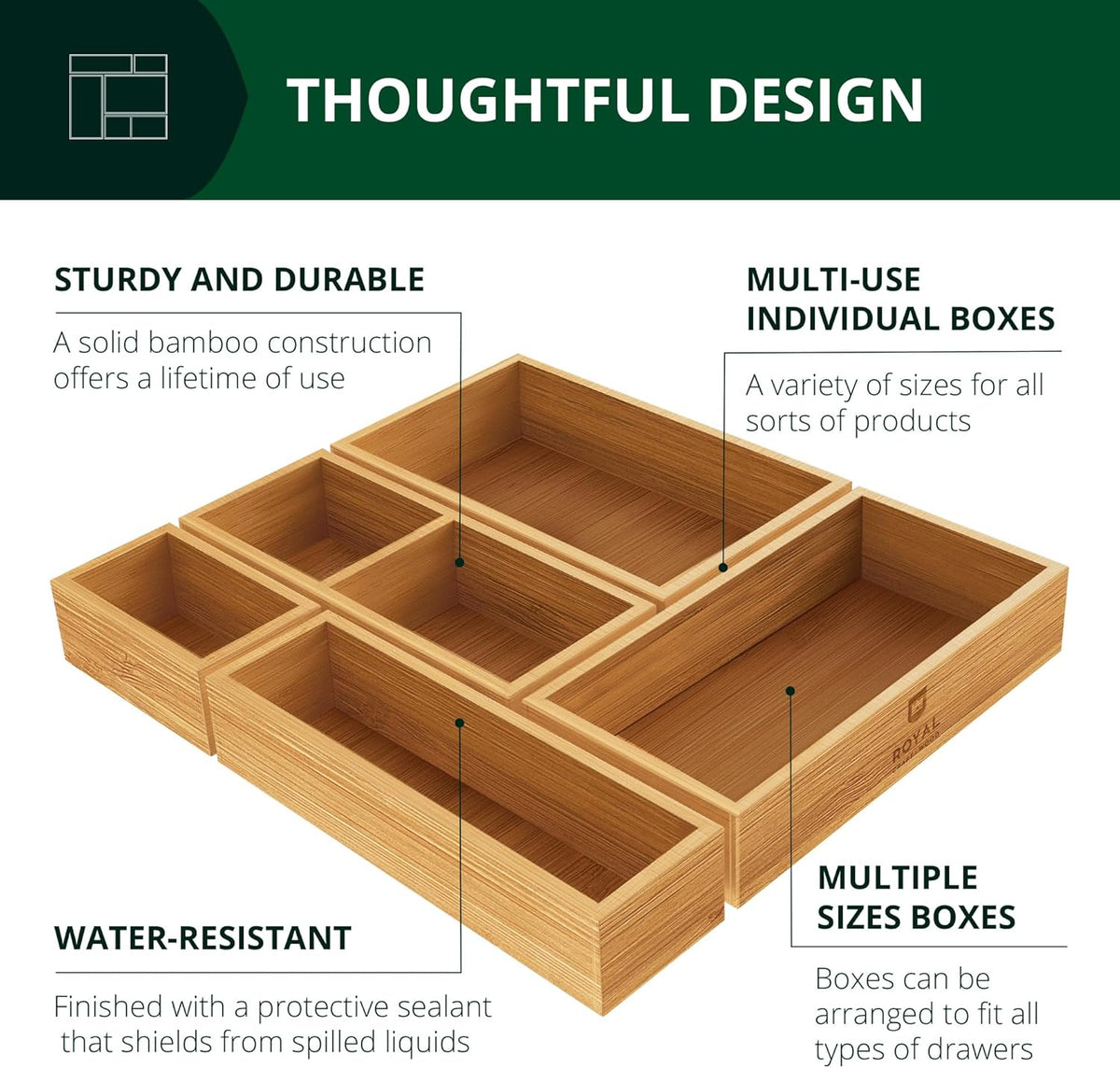 ROYAL CRAFT WOOD Premium Carbonized Bamboo Decorative Boxes - Drawer Organize...