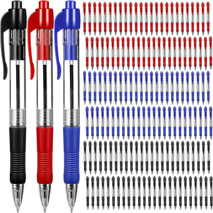 Fainne 200 Pack 1.0 mm Retractable Ballpoint Pen Bulk, Black, Blue, Red Ink