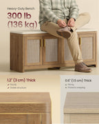 vasagle boho shoe bench with cushion, 4 rattan-look showing dimensions