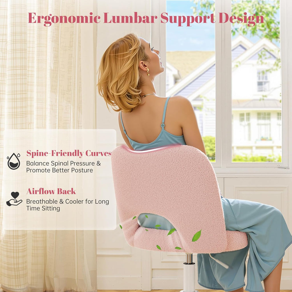 DurayLoly Vanity Chair with Open Back & Wheels,Armless,Pink | Armless,Silent Wheels, Height Adjustable, Soft Teddy Fabric, 360° Swivel for Bedroom Vanity & Home Office, Candy Pink