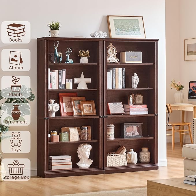 RWYHG 70" Walnut Tall Bookshelf Set of 2, 5-Tier Thick Wooden Book Shelf - Image 4