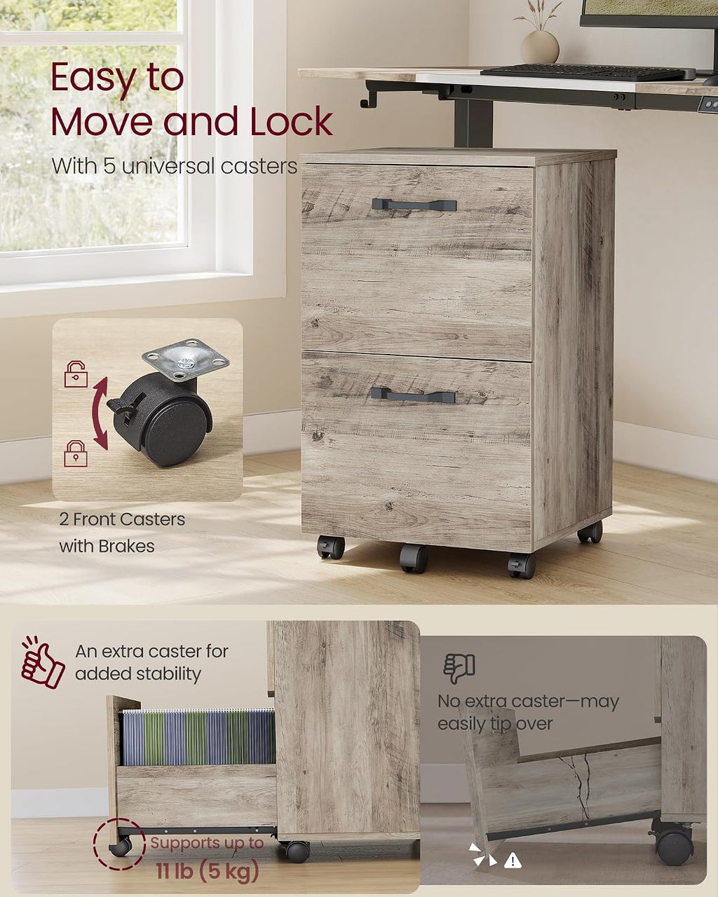 vasagle 2-drawer file cabinet, small rolling filing cabinet showing dimensions