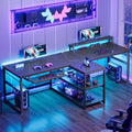 SEDETA 94.5" 2 Person Gaming Desk with Storage Shelves,Carbon Fiber Black | Double T Shaped Office Desk with Keyboard Tray, Power Strip with USB & Monitor Stand for Home Office, Bedroom