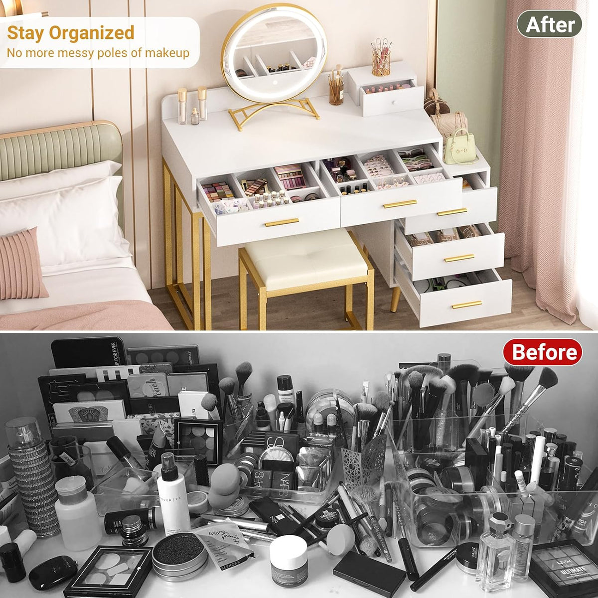 Armocity White Vanity Desk with Mirror and Lights, Modern Makeup Vanity Table...
