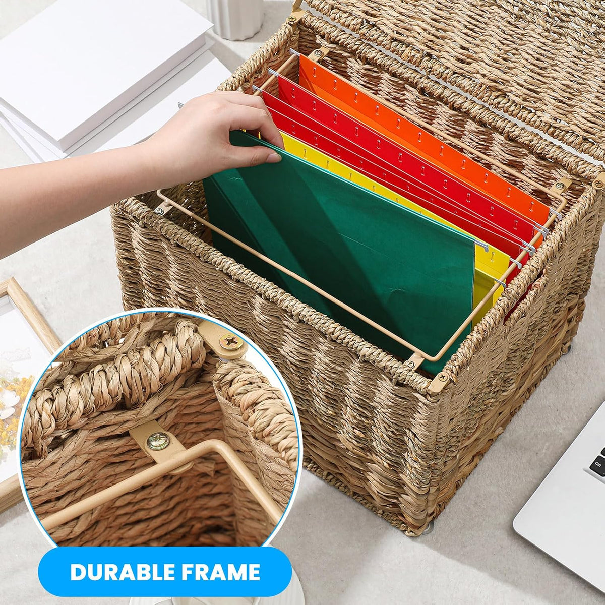 Cinnvoice Decorative File Box, Wicker File Basket Hand Woven, Letter Size