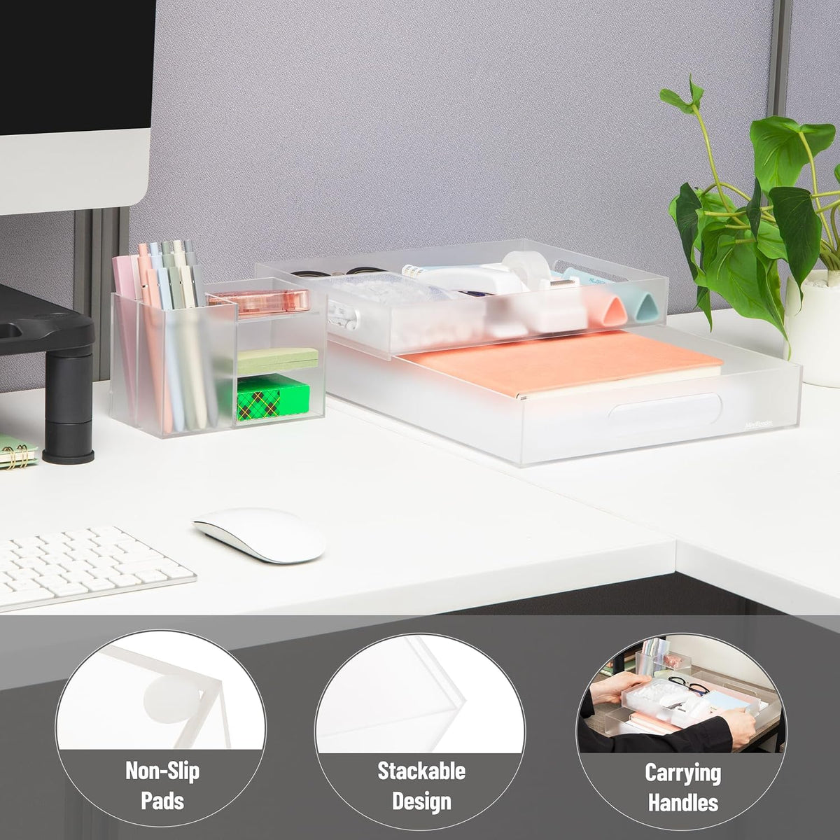 Mind Reader 3-Piece Acrylic Desktop Organizer Set, Frosted Clear Paper Tray, ...