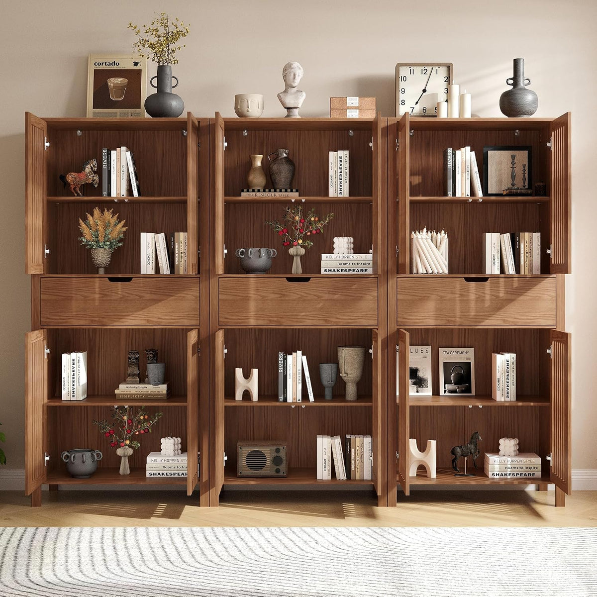 BVIUNTWO Set of 3 Rustic Brown 69" Tall Farmhouse Storage Cabinet with D...
