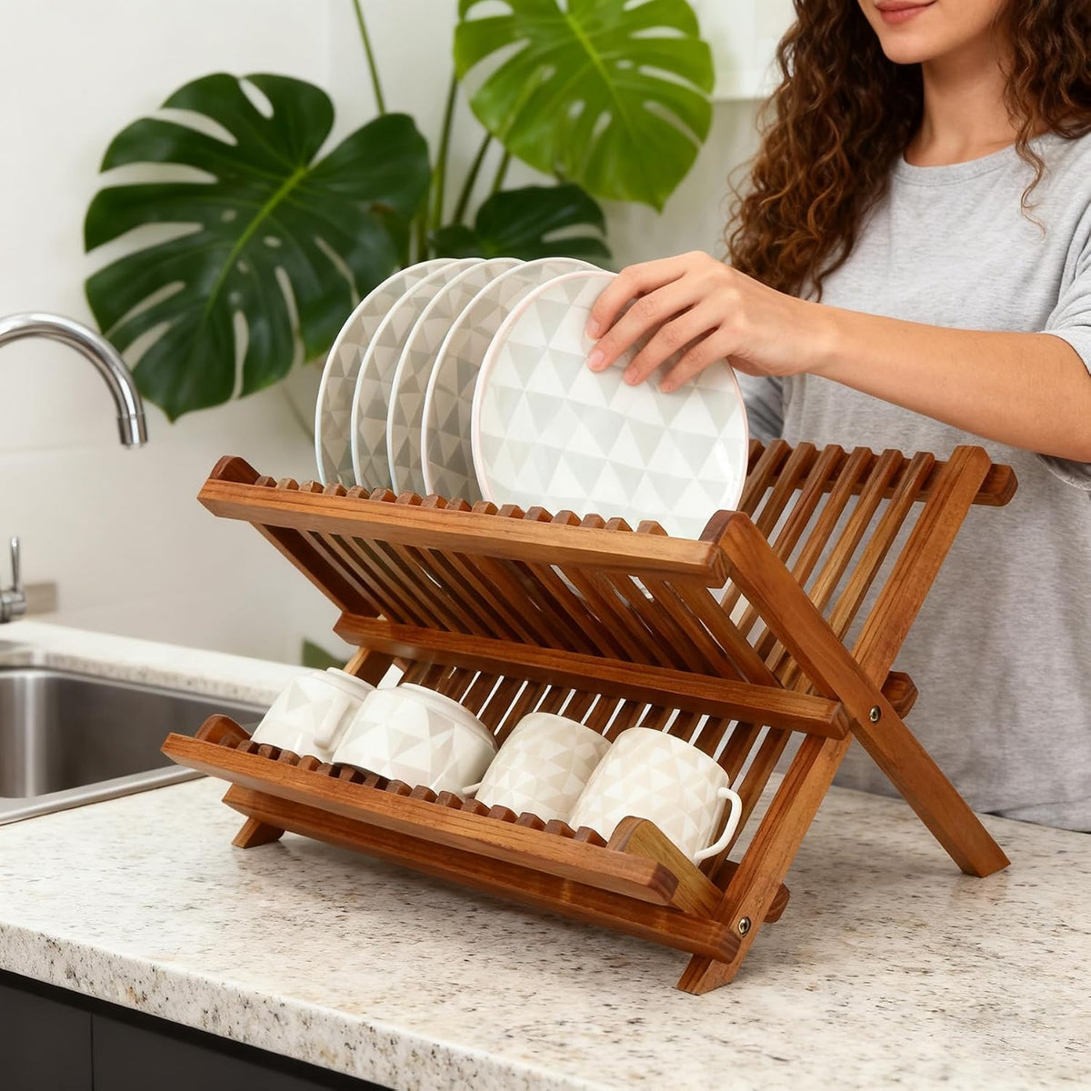 Utoplike Teak Wood Dish Drying Rack, Foldable Plate Organizer Countertop