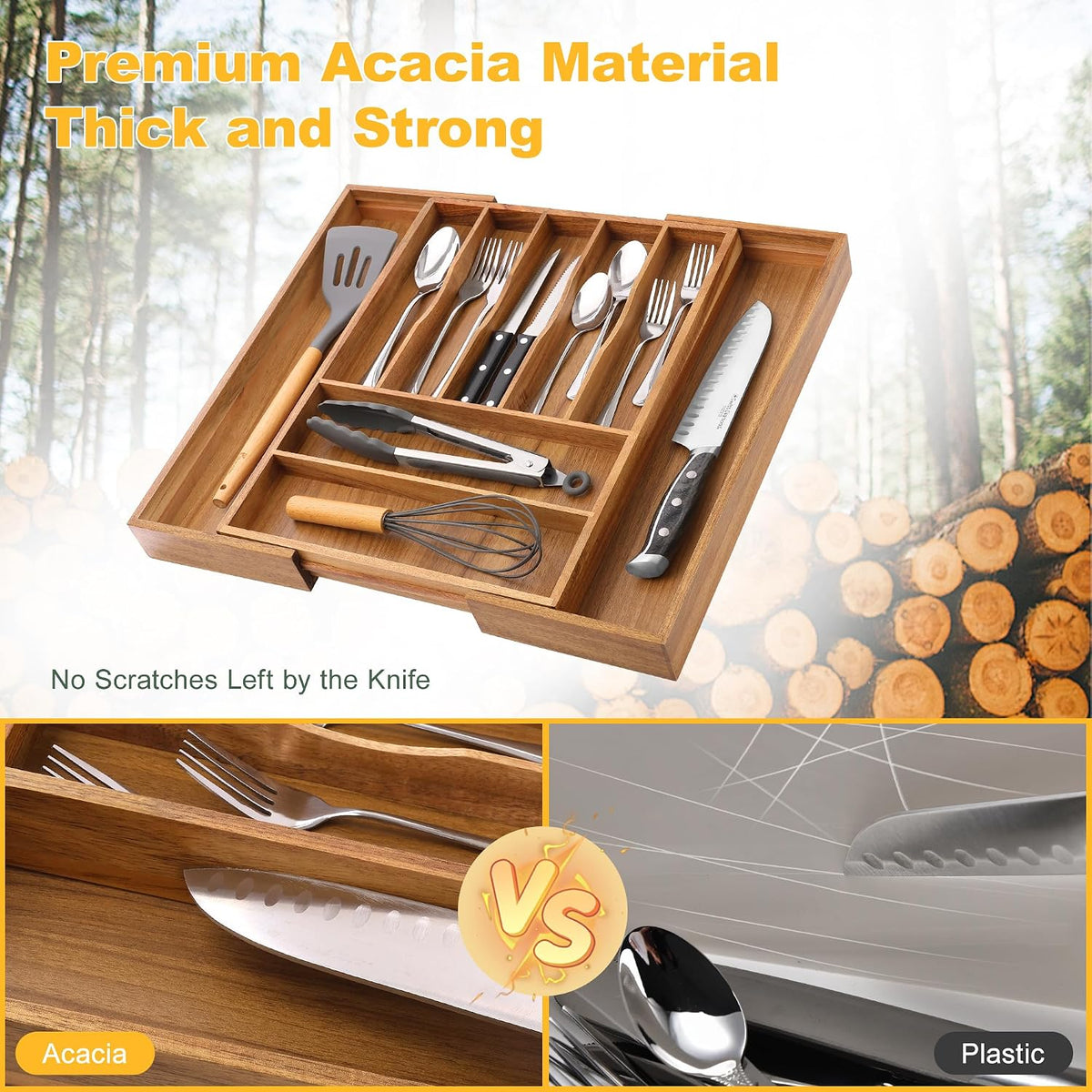 Large Premium Acacia Silverware Organizer - Expandable Drawer Organizer &...