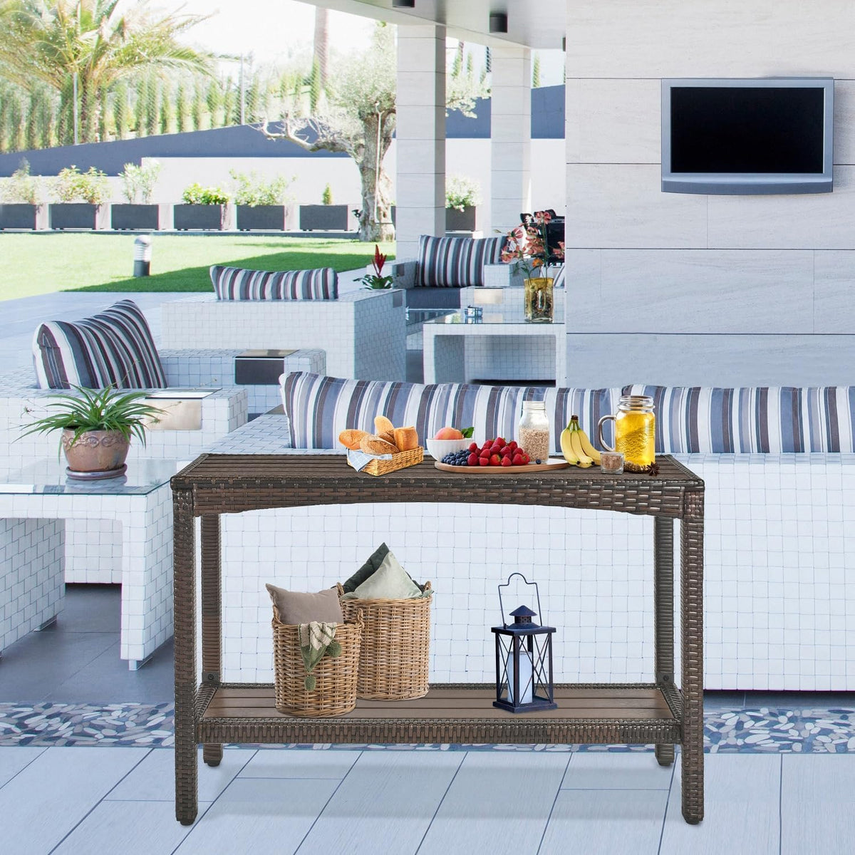 Outdoor Console Table Patio Buffet Bar Storage Organizer 45" Long Wicker...