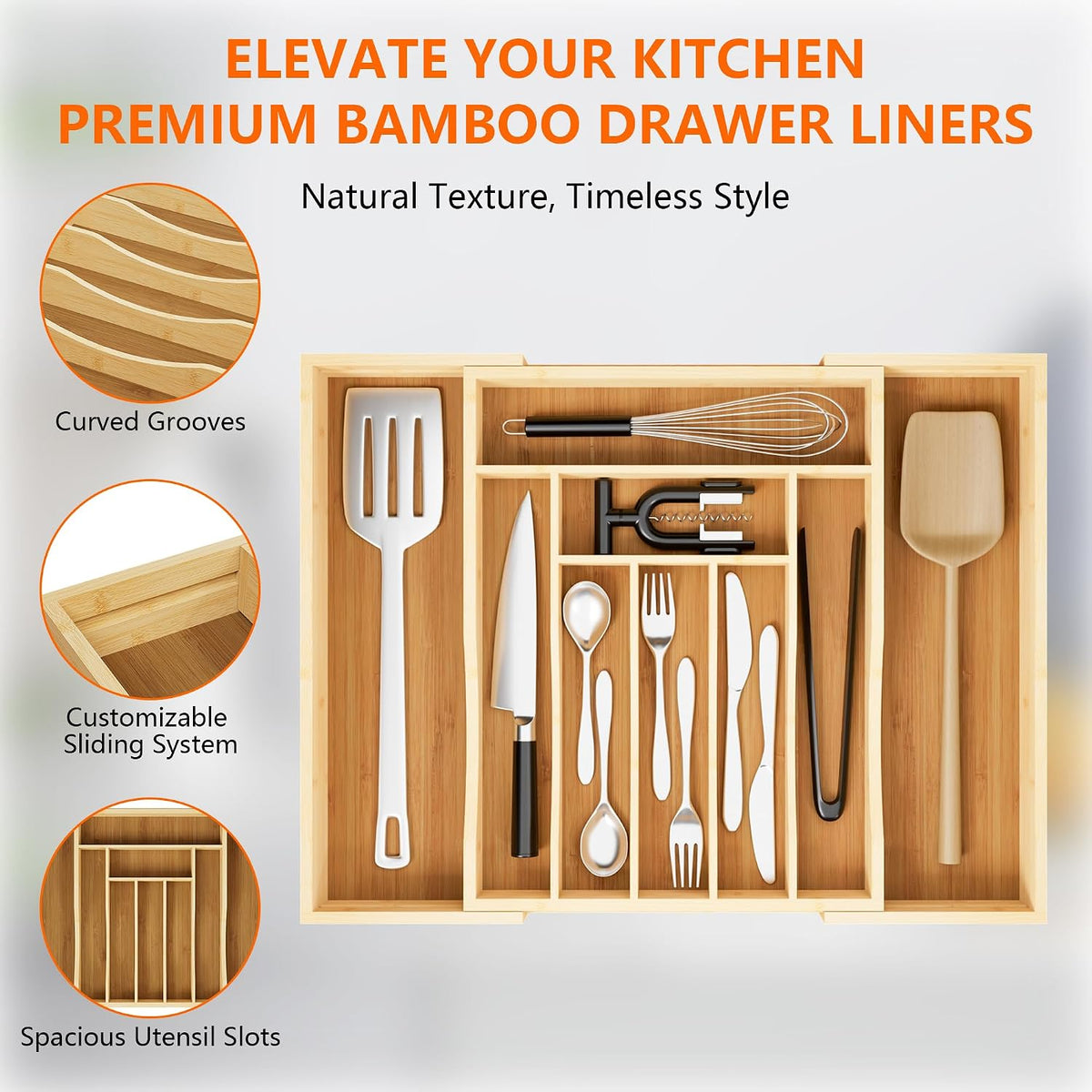 Expandable Bamboo Drawer Organizer Cutlery 7-9 Slots Natural
