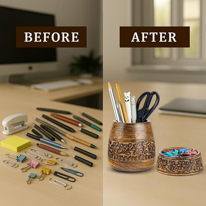 Mie Creations Wooden Desk Organizer Set of 2 Pen Holder, Paper Clip Storage - Image 3