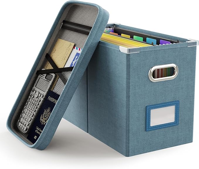 Oterri File Organizer Box with Lid, Hanging Filing File Box with Mesh Pocket by Oterri