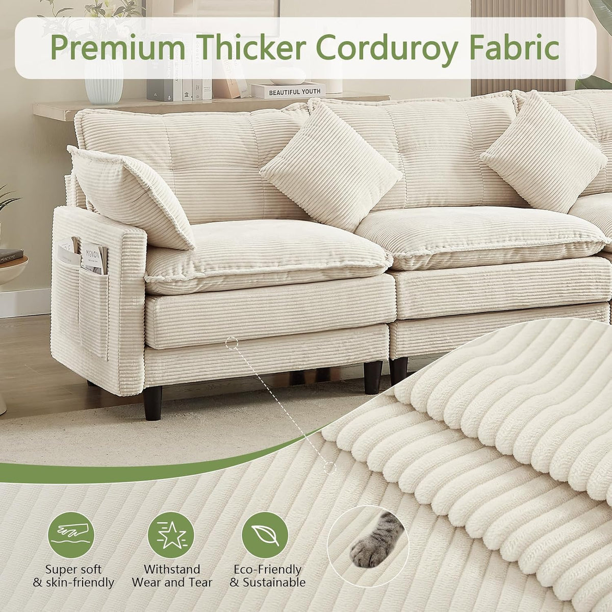 Match Ottoman Only for Cloud Modular Sectional Couch Sectional, Corduroy Foot...