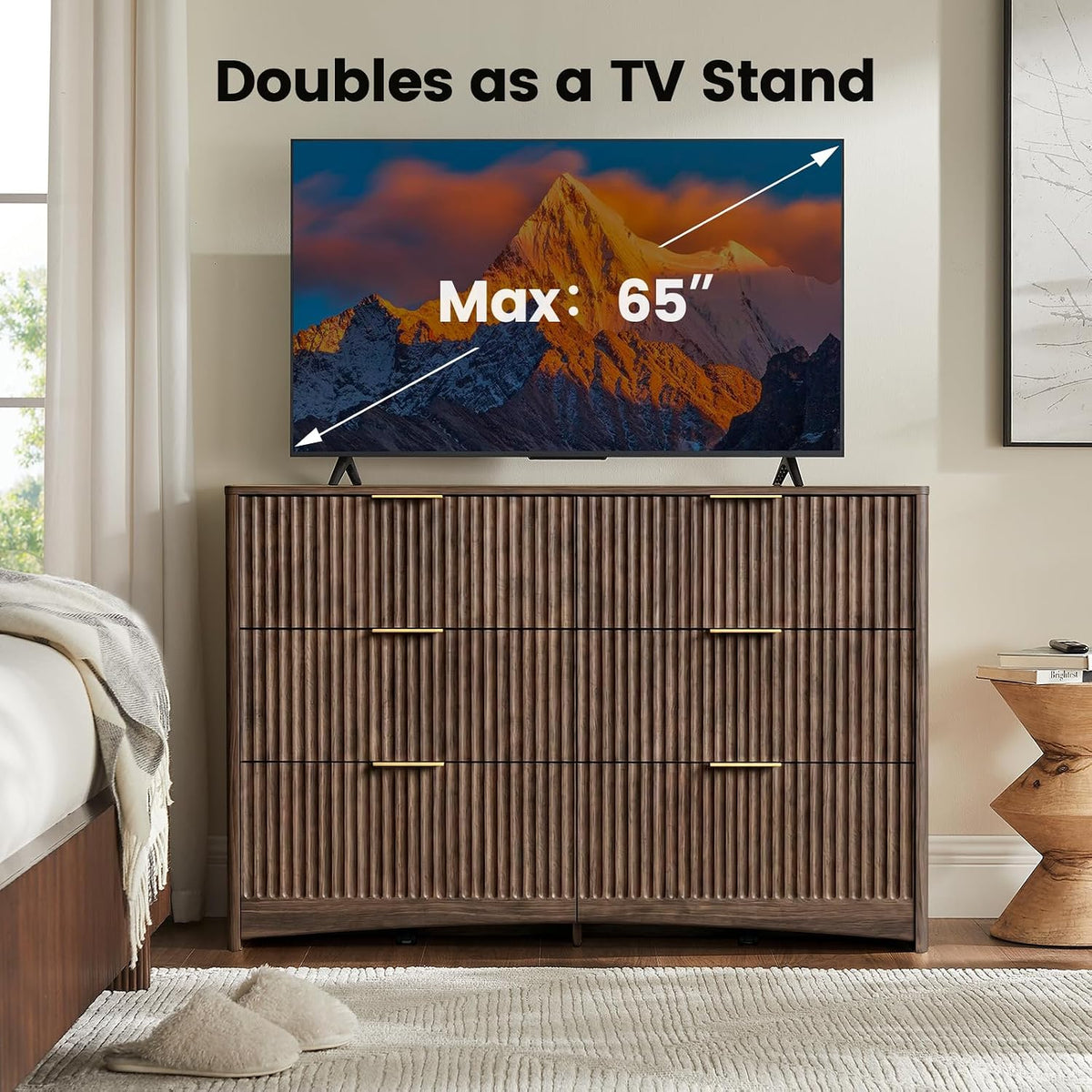 Amada Modern 6 Drawer Dresser, Fluted Wood Chest of Drawers, Walnut