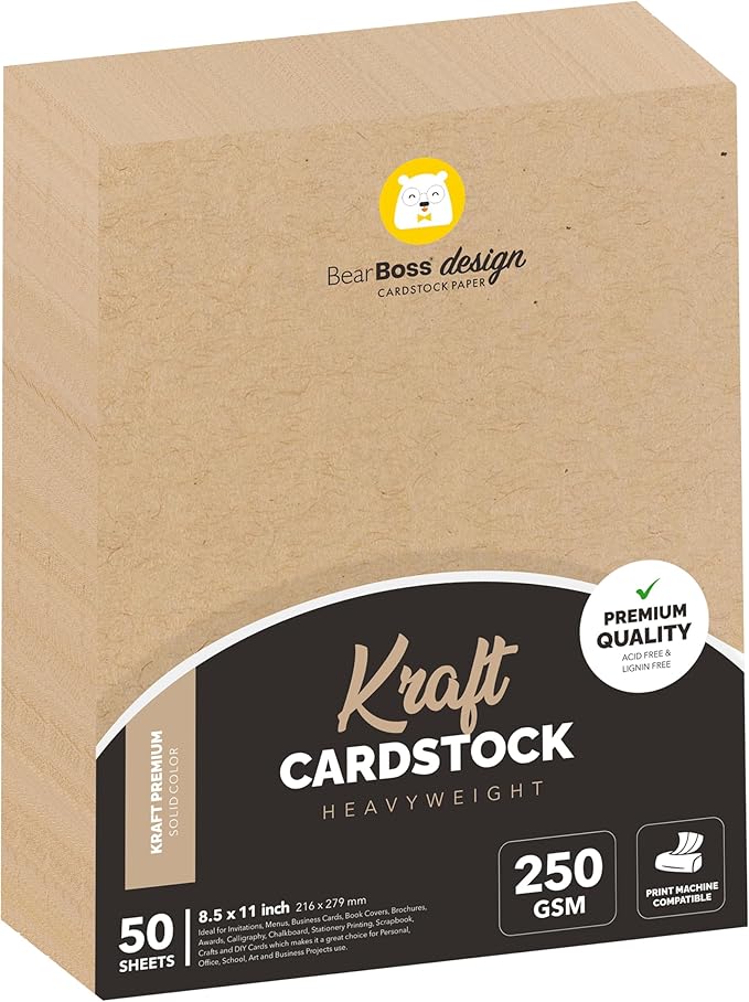 Kraft Cardstock Thick Paper 50 Sheets, 8.5" x 11" Heavyweight 92lb Cover Card by BearBoss