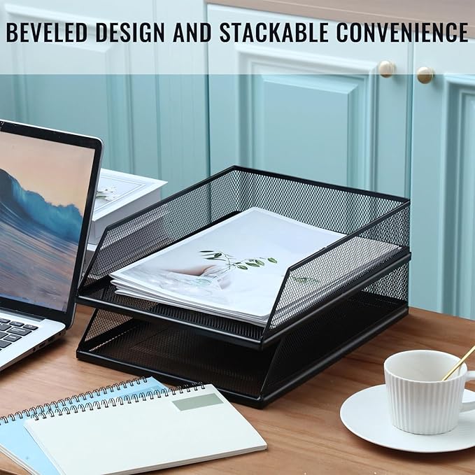 Hicarer 4 Pcs Black Metal Letter Tray Stackable Desk Tray Single Wire Mesh - Image 2