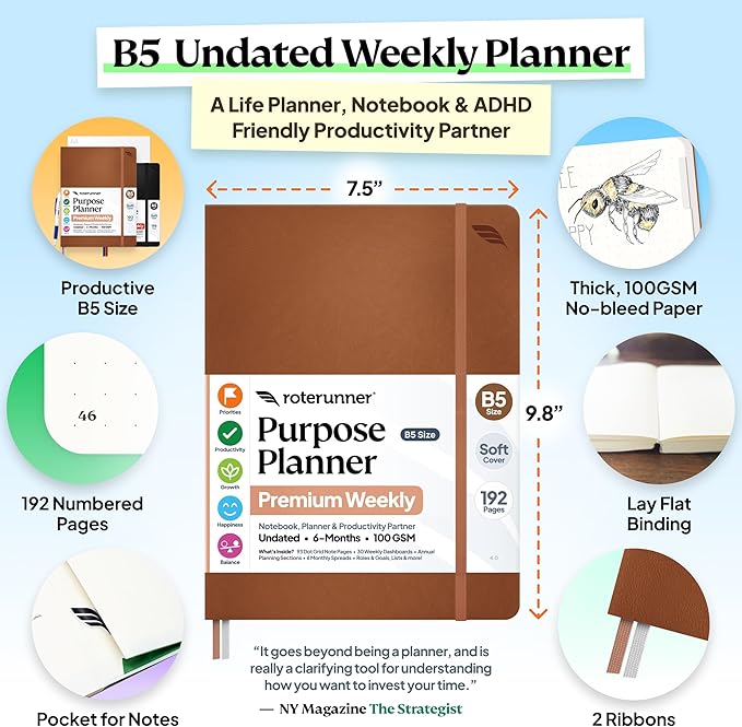 Roterunner Purpose Planner Notebook B5 7.5”x9.8” Undated 2026 Daily Weekly and - Image 2