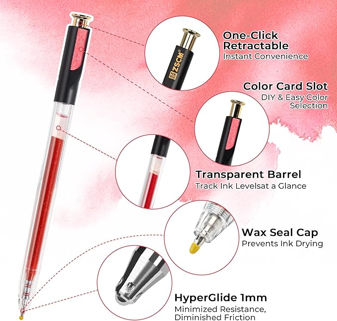 Retractable Glitter Gel Pens, 12 Colors Large Capacity Red Pink Glitter - Image 2