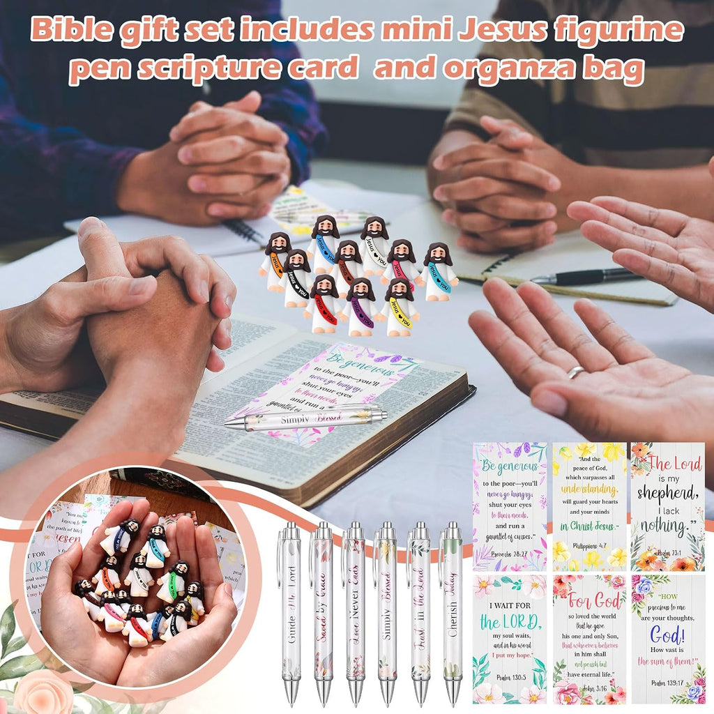 Cinnvoice 24 Set Christian Bulk Gifts for Women, Little Jesus Figures, Bible Verse Pens Gift with Prayer Cards, Religious Vbs Scripture for Easter Sunday Church Inspirational Supply (Floral Style)