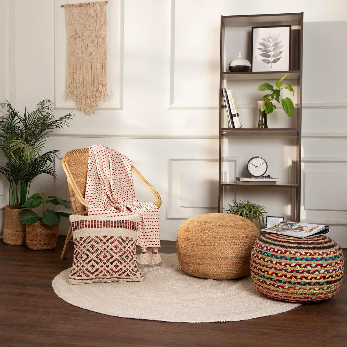 · REDEARTH · Jute Braided Pouf - Circular Boho Foot Stool - Multi, Set of 2
