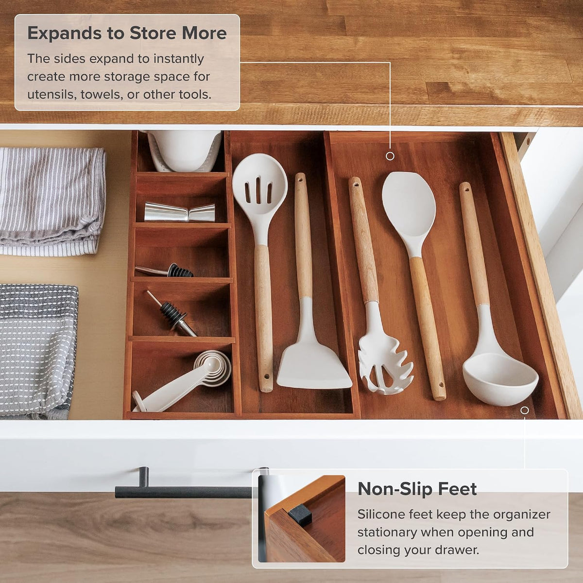 KitchenEdge Utensil & Junk Drawer Organizer, 10.5-18.5 in, Acacia
