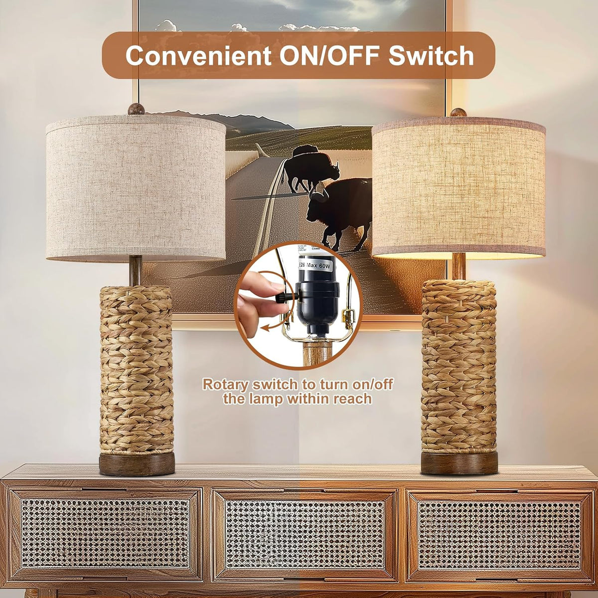 27.5'' Tall Natural Rattan Table Lamps Set of 2, Hand - Woven Wicker ...