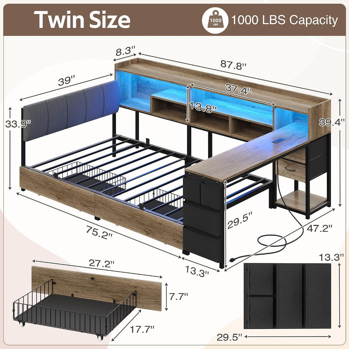 Dnxao Twin Corner Bed Frame with Storage & Desk for Small Rooms, Oak Gray
