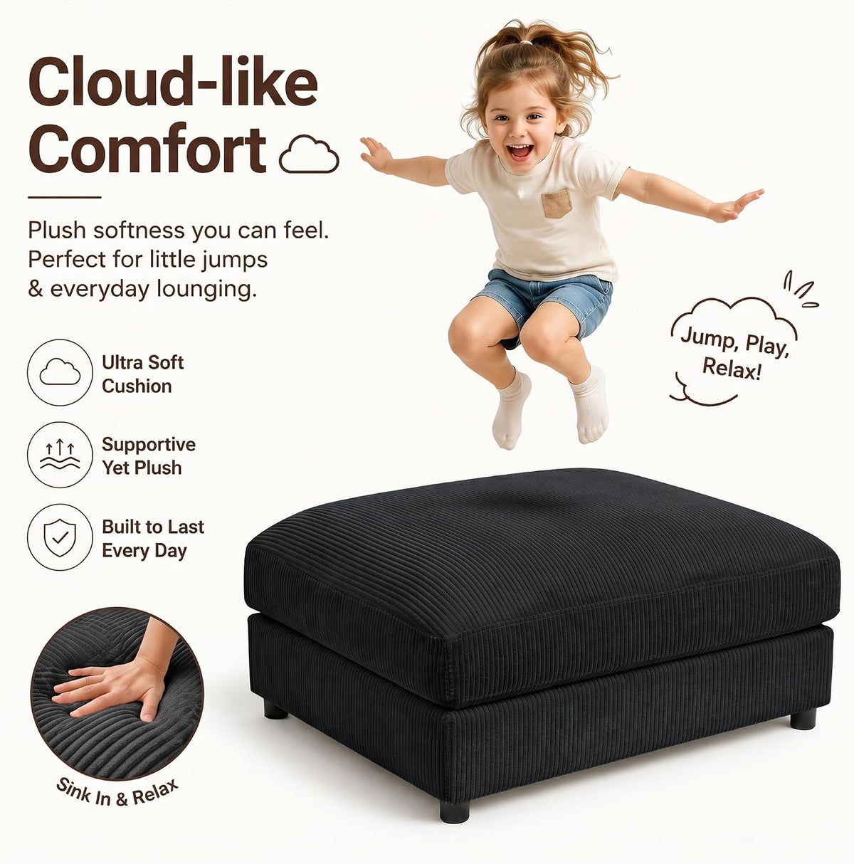 Mofolit 40" Corduroy Ottoman Oversized Upholstered Footrest (Black)