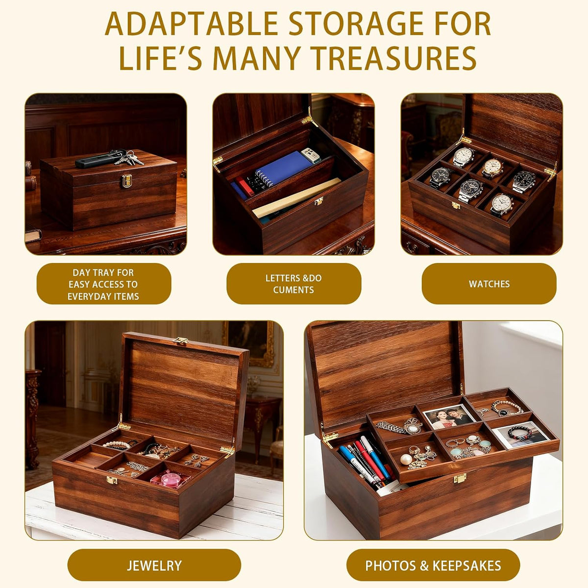 large wooden storage box with adjustable tray, 12.5 showing dimensions