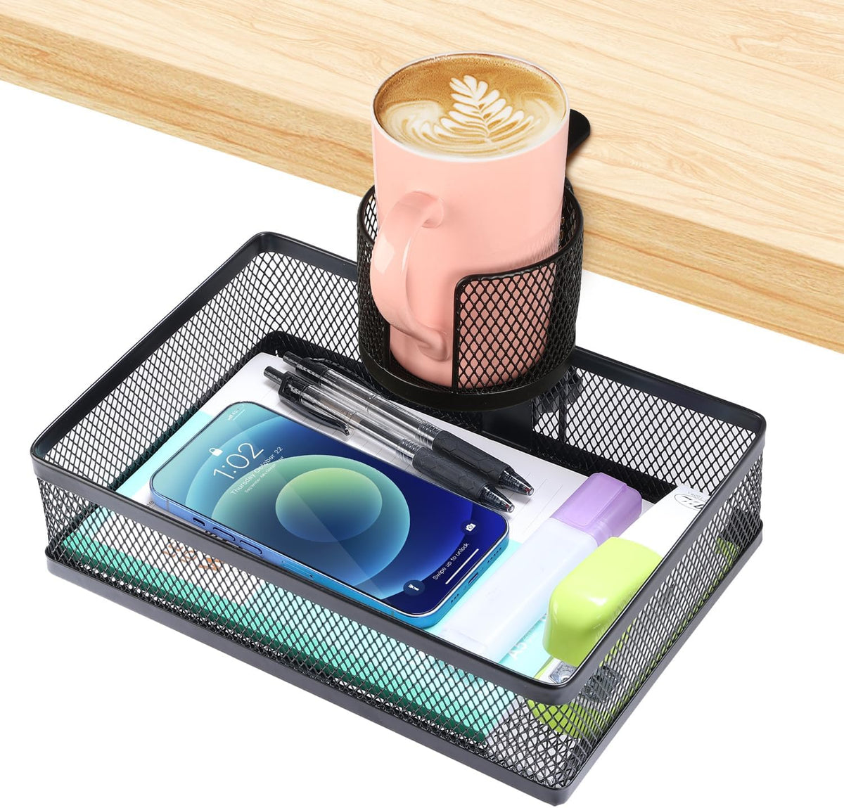 ROSYLINE Rotary Under Desk Storage Organizer with Cup Holder & Drawer Tray