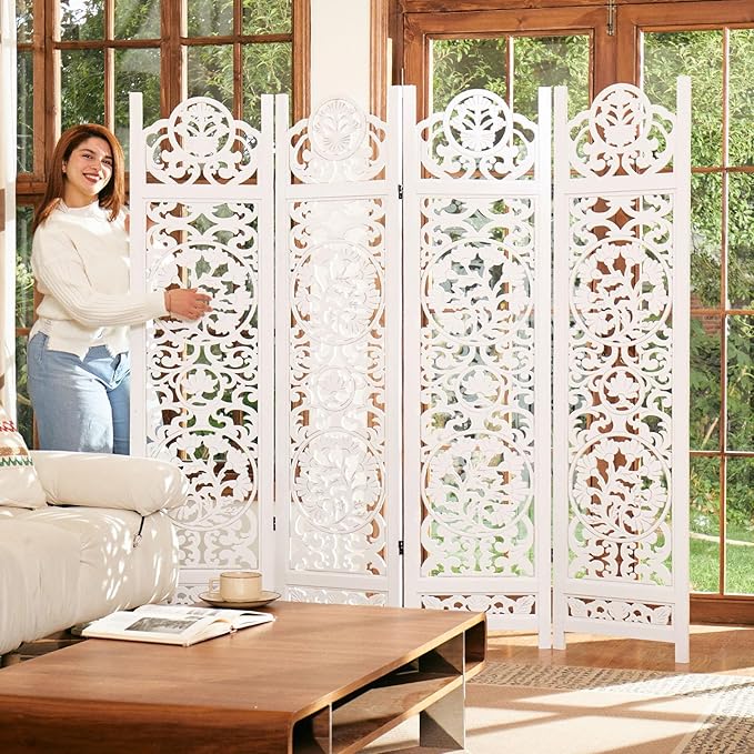 5.75Ft Room Divider Wood Screen, 33Lbs Durable MDF Carved Rustic Style Headboard - Image 7