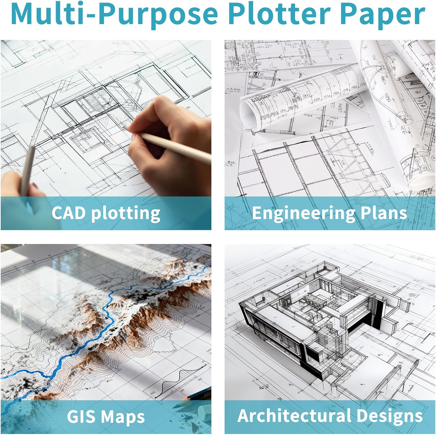 Wide Format Paper 36" x 150',2 Rolls Plotter Paper for CAD Printing on Wide Format Ink Jet Printers，20lb 2"Core CAD Bond Rolls