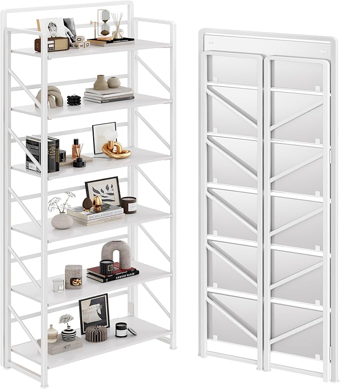 JSB No Assembly Folding Bookshelf, 6 Tier Industrial Metal Book Shelf by HomeFurniture