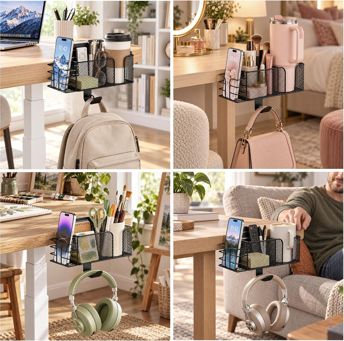 4-in-1 Clamp on Desk Cup Holder, Dual Compartment Mesh Organizer with Detacha...
