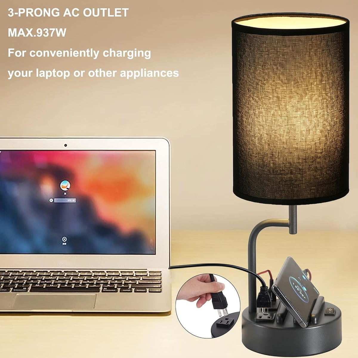 Dreamholder Table Lamp with 3 USB Charging Ports, Modern Desk Lamp with AC Ou...