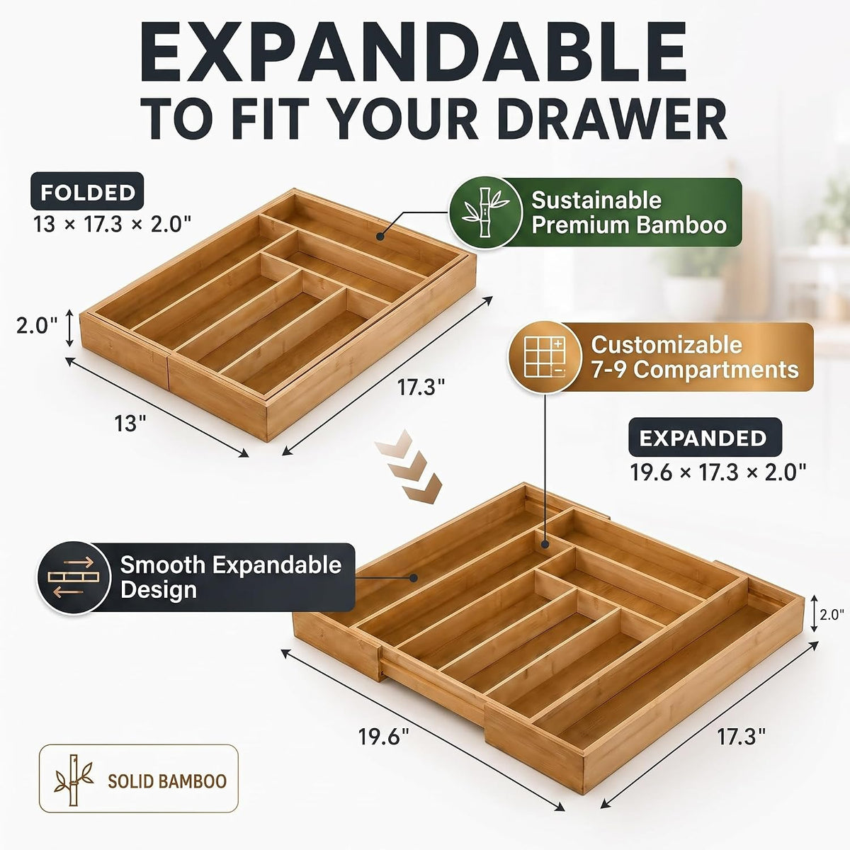 Bamboo Expandable Silverware Drawer Organizer, Utensil Tray