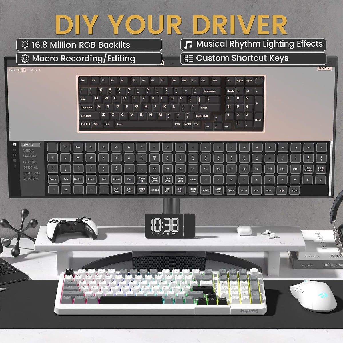 Redragon K742 Wireless Mechanical Gaming Keyboard with Knob, Bluetooth 5.0/2....