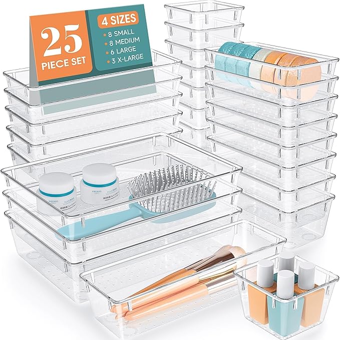 WOWBOX 25 PCS Clear Plastic Drawer Organizer Set, 4 Sizes Desk Drawer Divider by WOWBOX