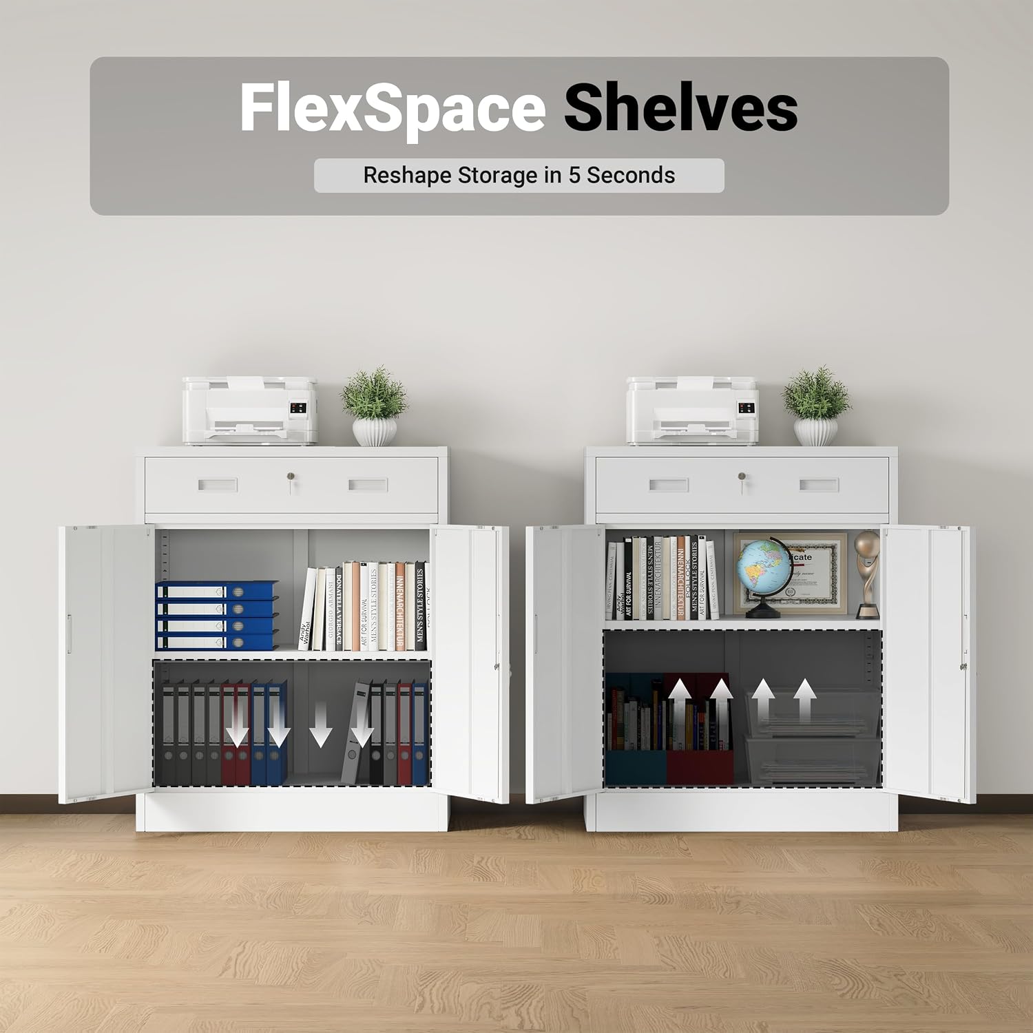 CJF Metal Storage Cabinet, Locking Storage Cabinet with 1 Drawer and Adjustable Shelf, 36" H x 28" W x 16" D White Metal Cabinets for Office, Home, Garage