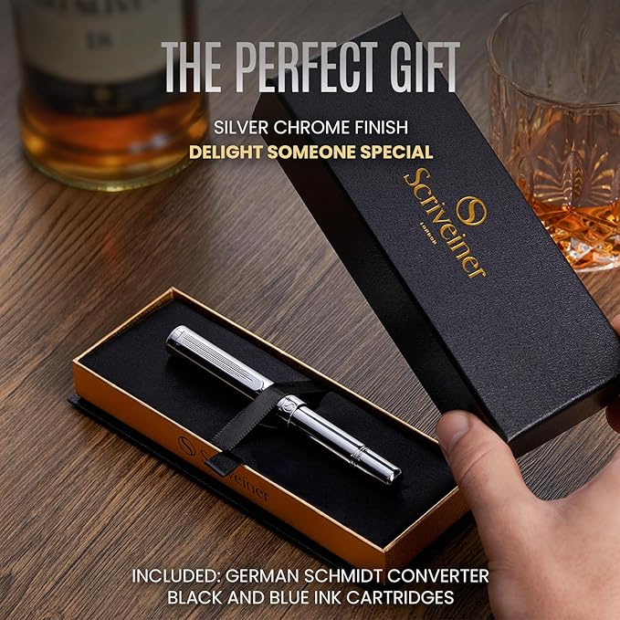 Scriveiner Silver Chrome Fountain Pen, Award Winning Luxury Pen, Heavy Pocket - Image 3