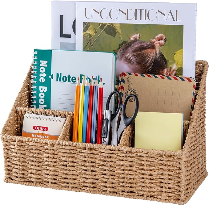 DINGTAI Rattan Desk Organizer, Tabletop Mail Holder, 5 Slot Mail Organizer by DINGTAI