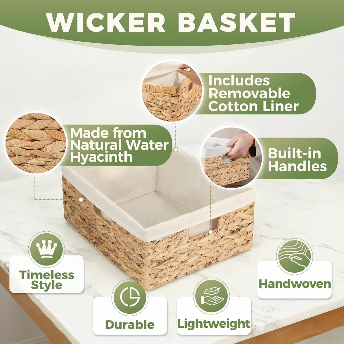 Wicker Shelf Storage Baskets for Organizing - Natural Water Hyacinth Woven Ba...