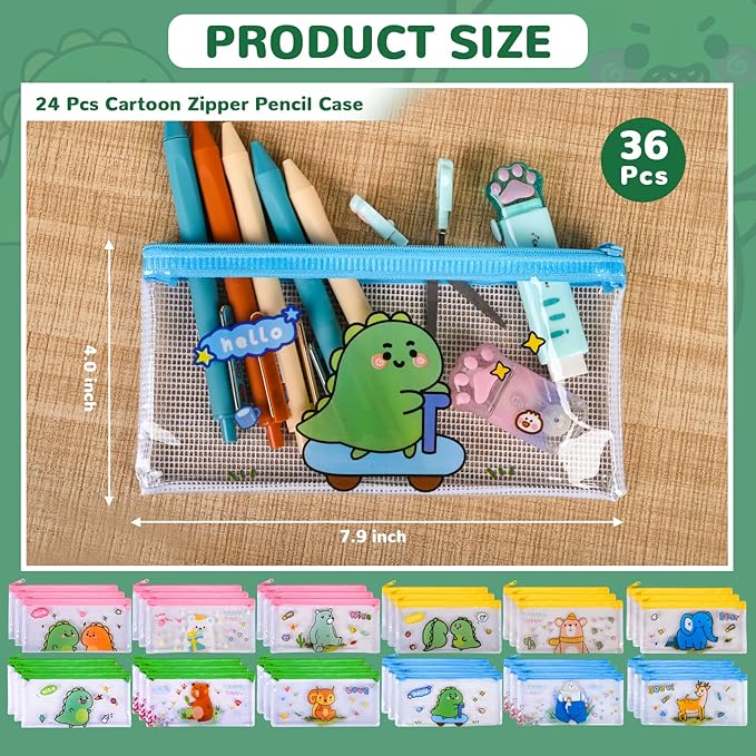 Ulema 24 Pcs Back to School Gifts Cartoon Mesh Pencil Pouch Bags Plastic Zipper - Image 2
